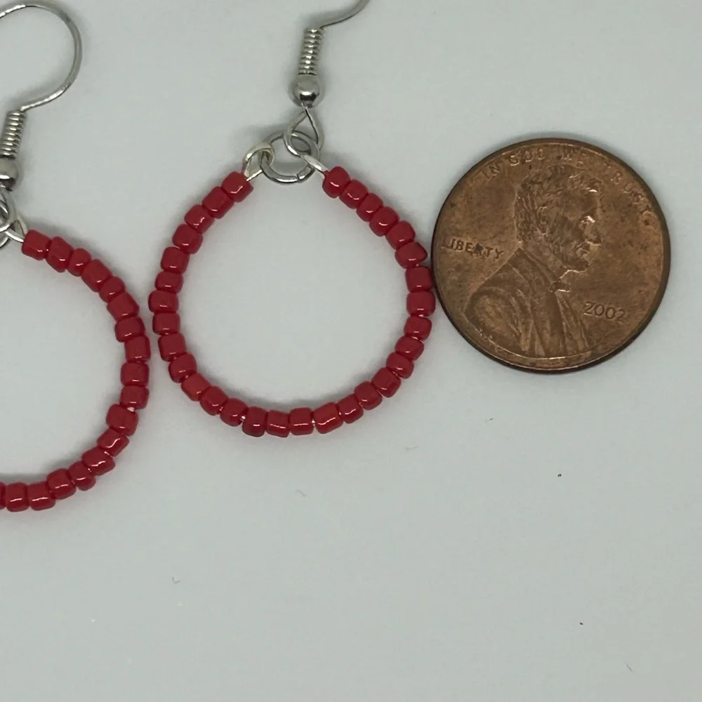 Small beaded hoop earrings red seed bead earrings handmade